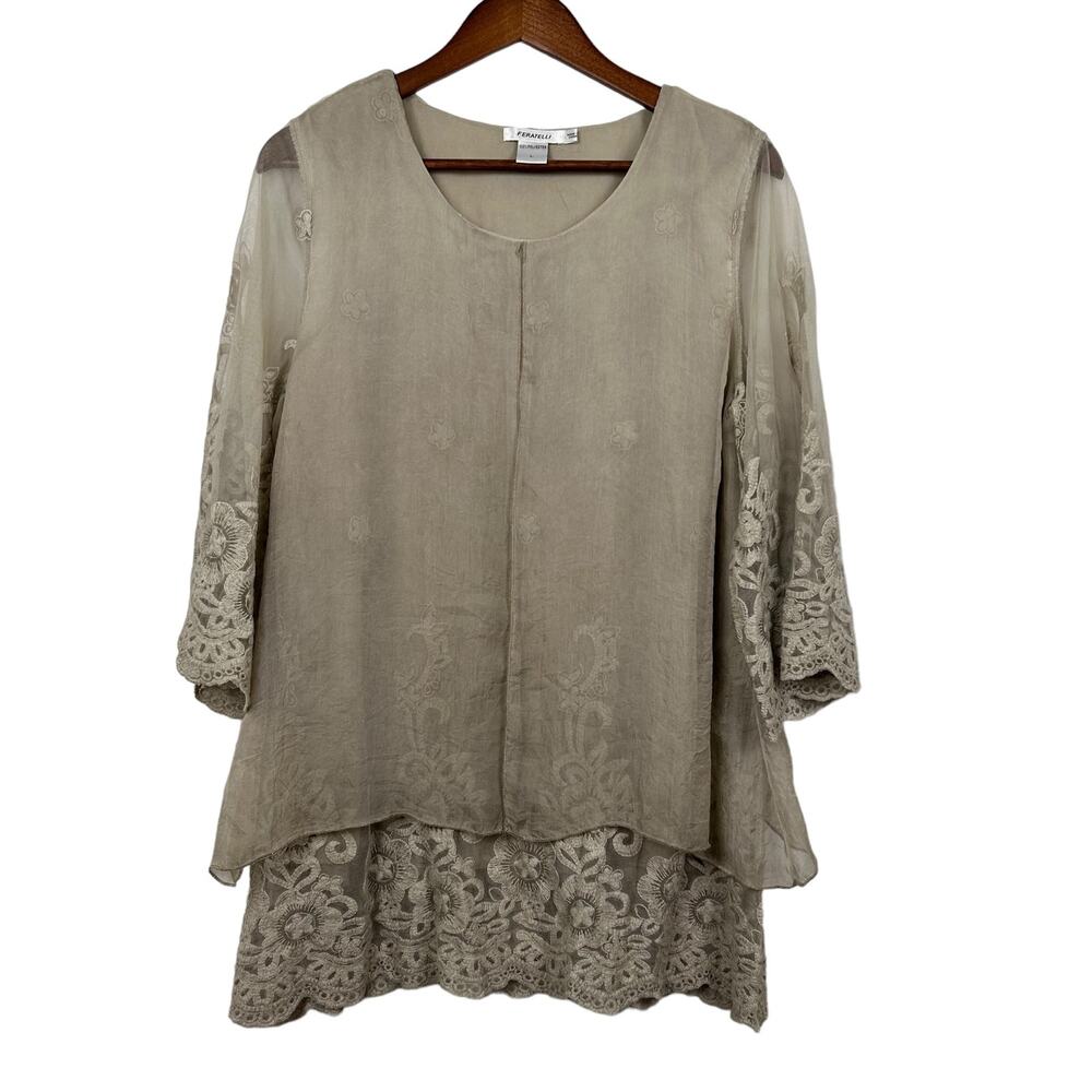 Feratelli Women's Top L‎ Beige Embroidered Floral Layered Mesh Lace Lagenlook